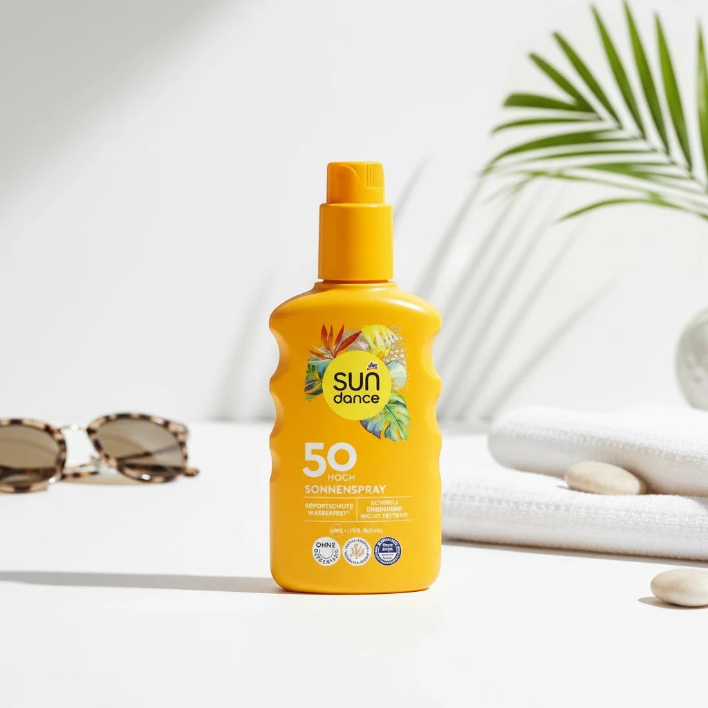 Tap2Own sundance SPF 50 high protection sunscreen spray bottle on a white surface with sunglasses and palm leaf shadow