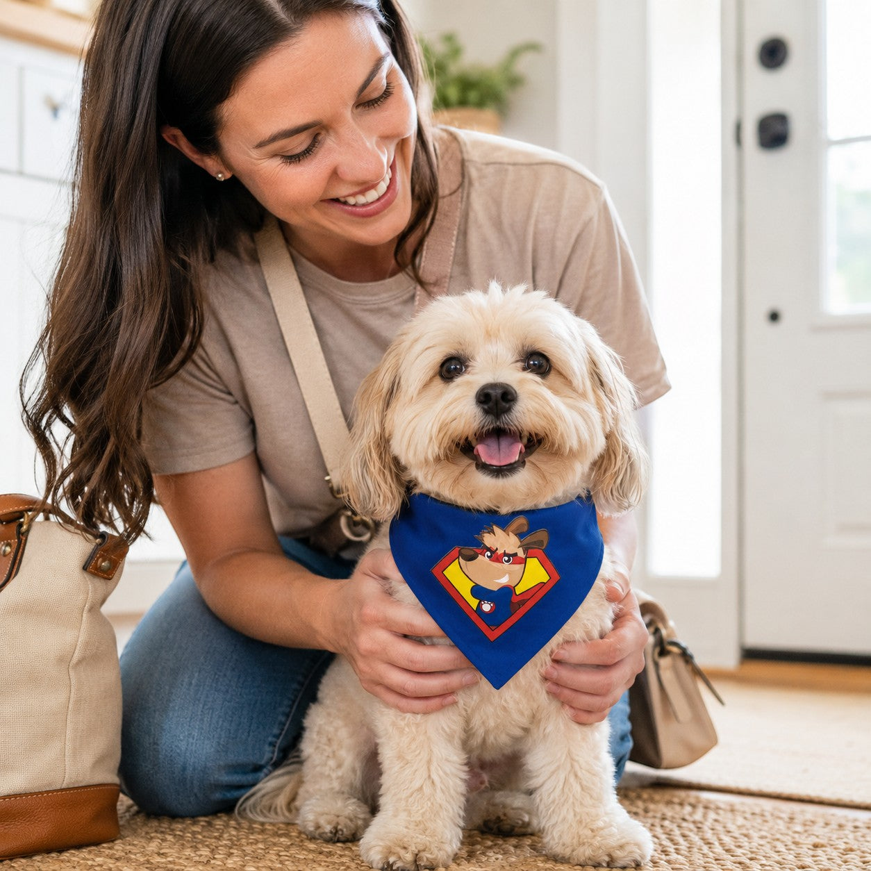 Tap2Own blue superhero dog bandana with graphic of a dog in a red cape and shield emblem.