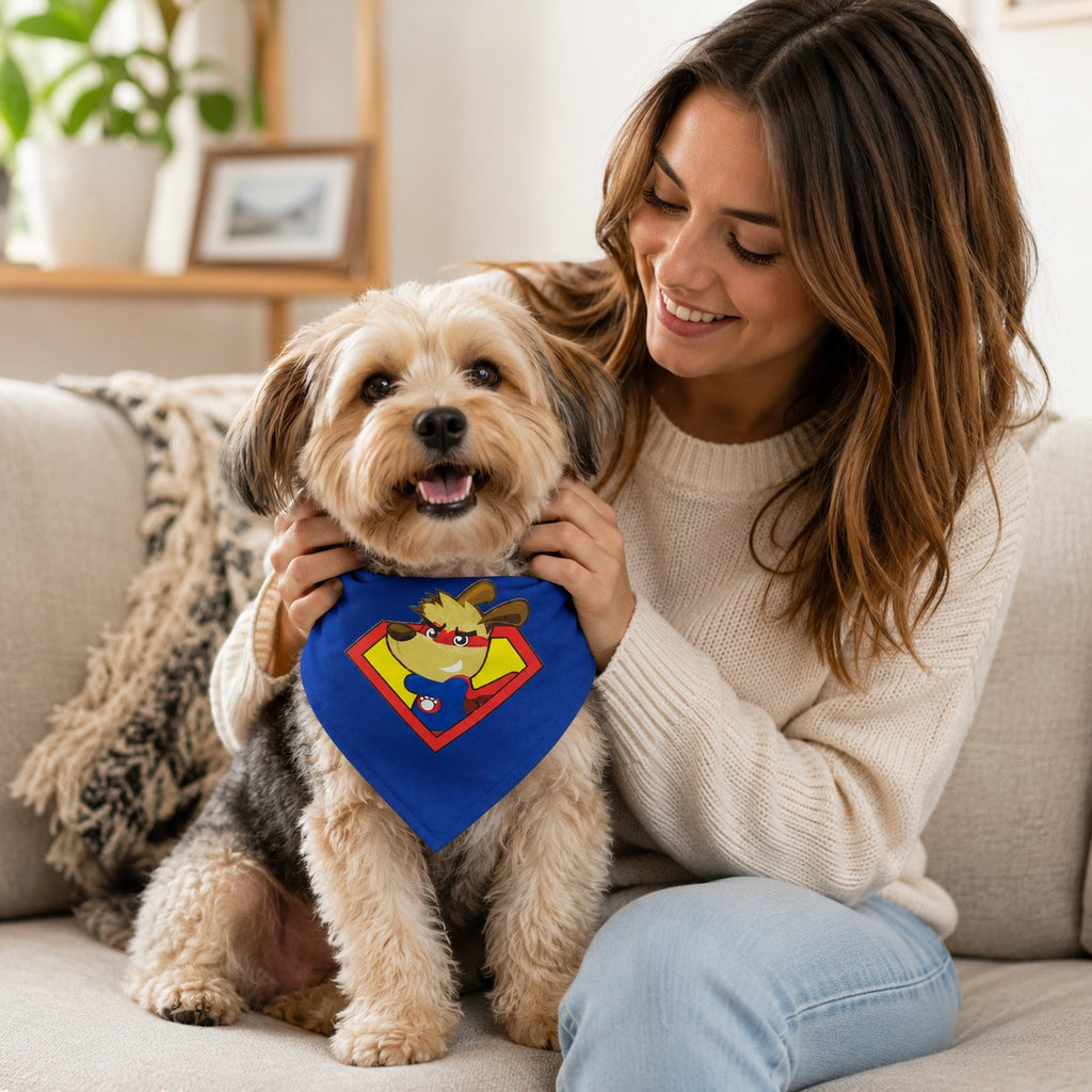 Tap2Own blue superhero dog bandana with graphic of a dog in a red cape and shield. Durable fabric.