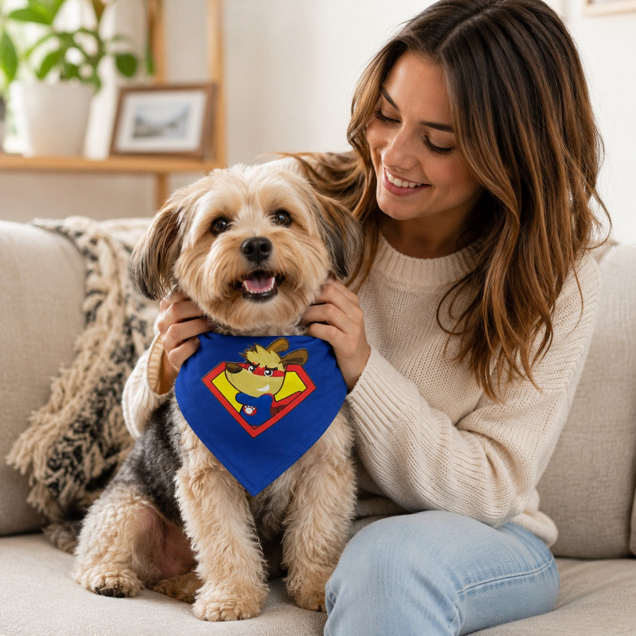 Tap2Own blue superhero dog bandana with graphic of a dog in a red cape and shield. Durable fabric.