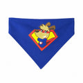 Tap2Own blue superhero dog bandana with cartoon dog graphic, red cape, and shield emblem.