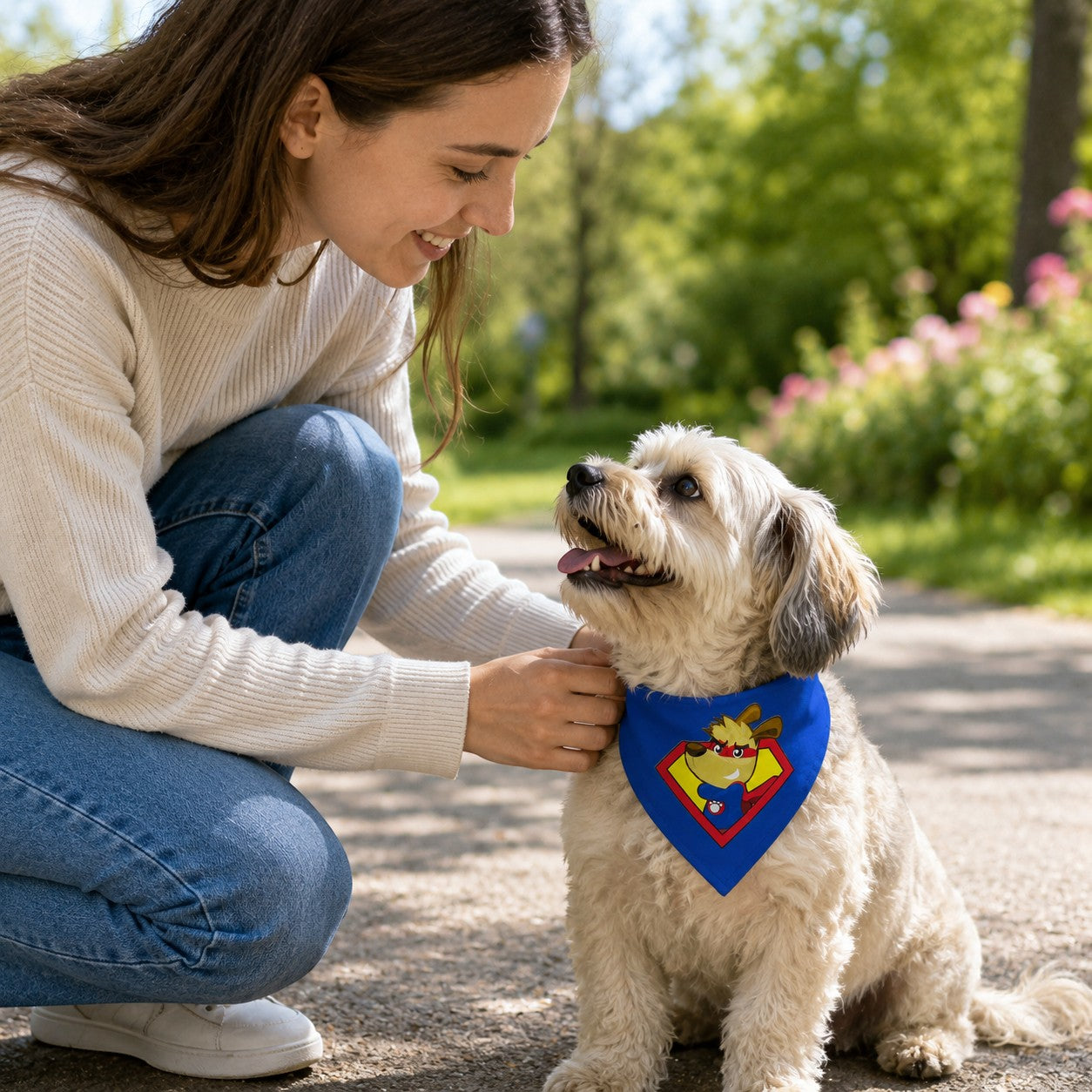 Tap2Own blue dog bandana with superhero dog graphic, red cape, and yellow shield emblem. A woman kneels beside her dog.