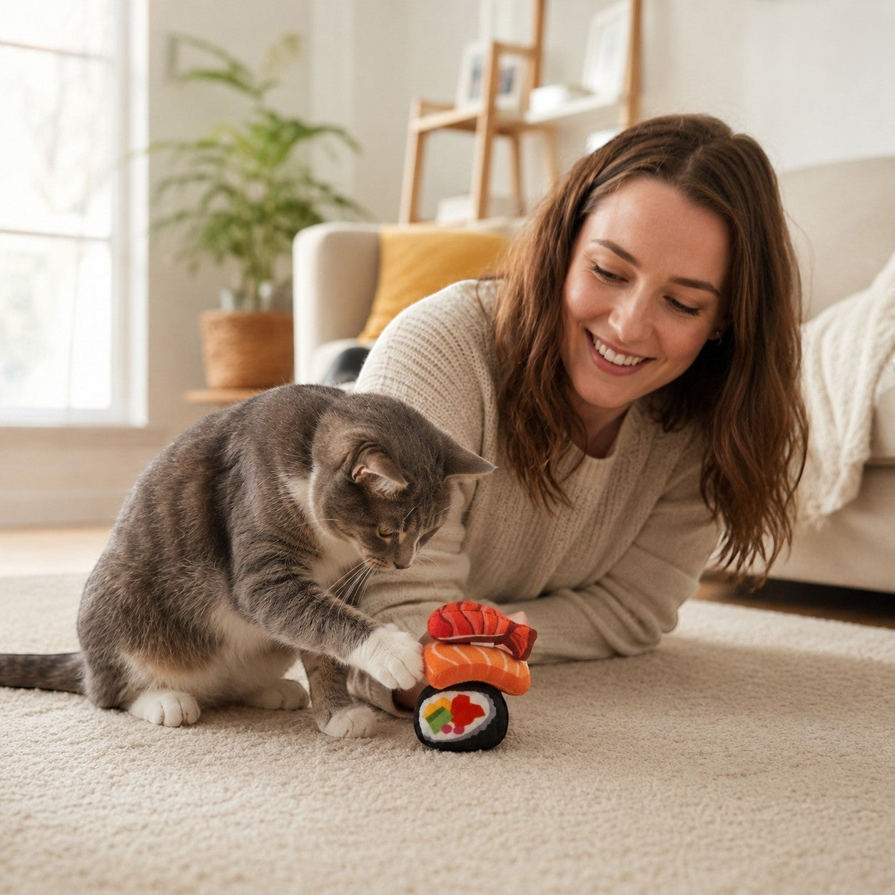 Tap2Own Greenbrier Kennel Club plush sushi cat toys, including salmon nigiri and California roll, with a cat playing.