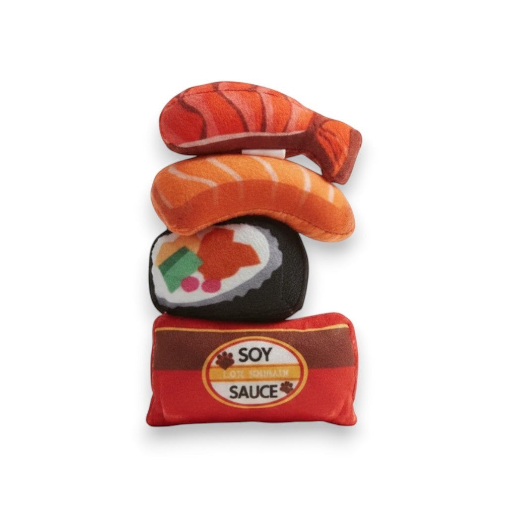 Tap2Own Greenbrier Kennel Club plush cat toys in sushi shapes: salmon nigiri, shrimp, California roll, and soy sauce packet.
