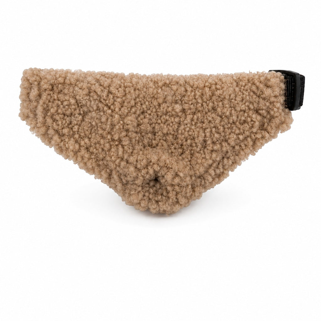 Tap2Own tan sherpa dog bandana collar accessory with adjustable strap and quick-release buckle.