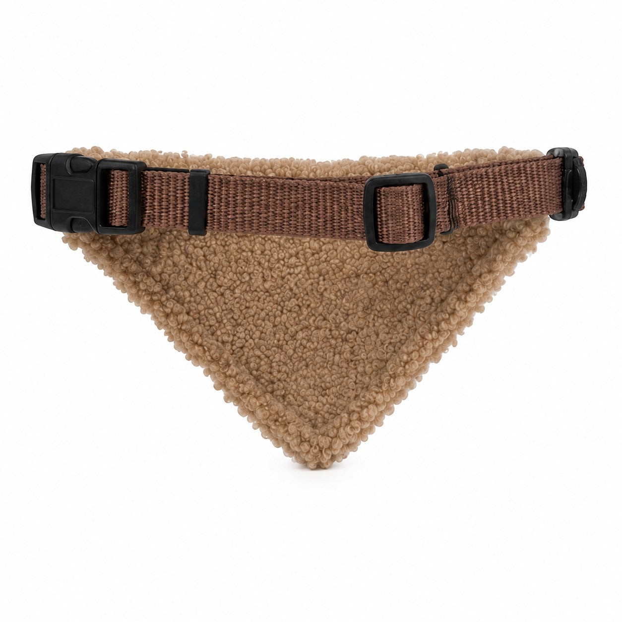 Tap2Own tan sherpa dog bandana collar accessory with adjustable strap and quick-release buckle.