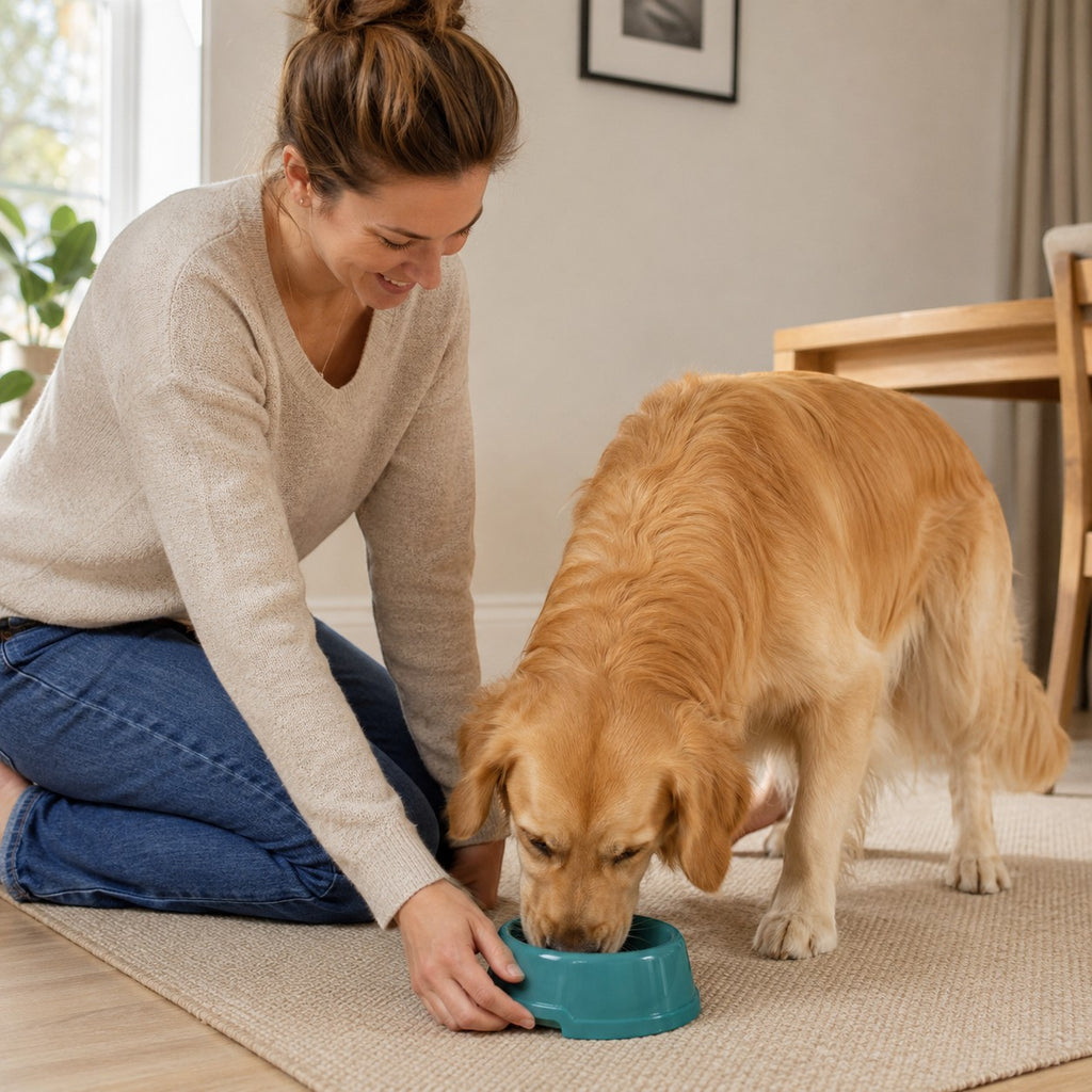 Tap2Own teal pet food and water bowl, a golden retriever eats from it while a woman kneels beside.