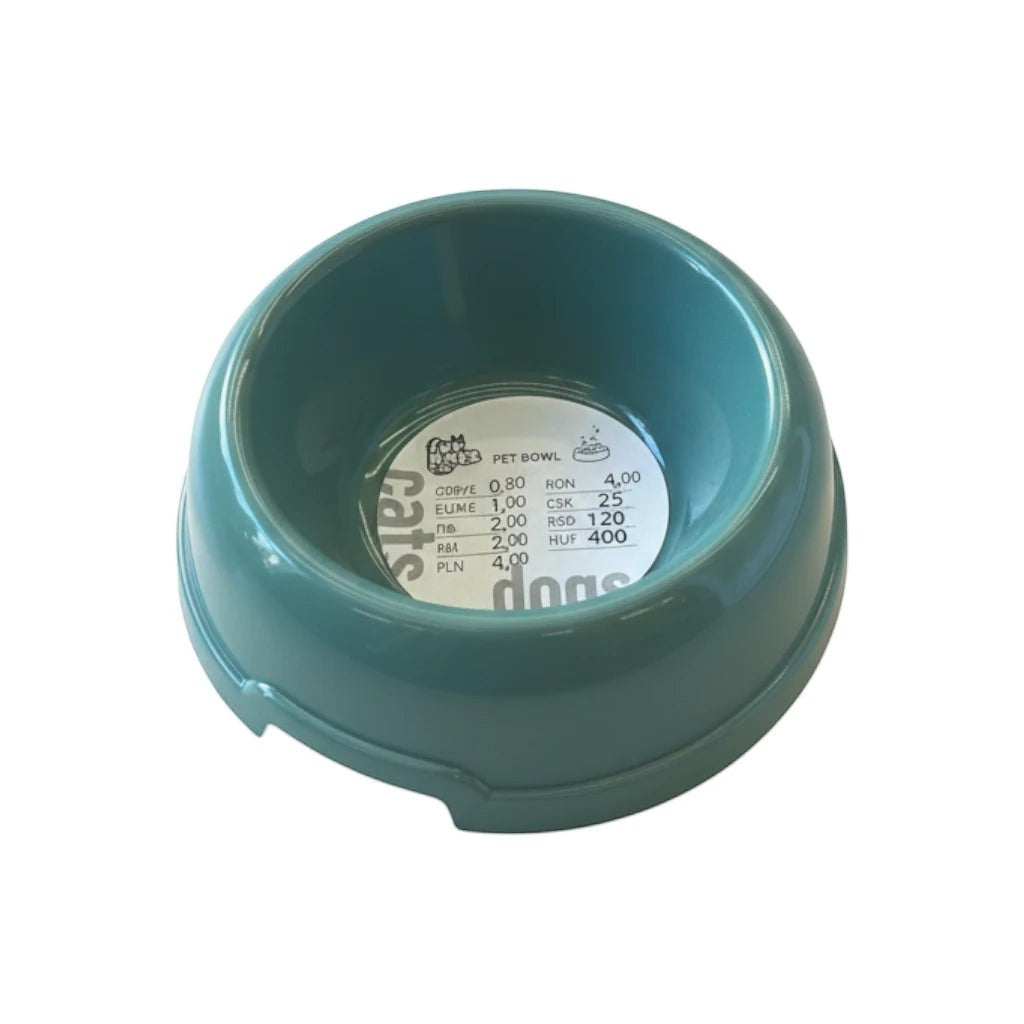 Tap2Own teal pet food and water bowl, durable plastic, wide-mouth design for comfortable eating and drinking.