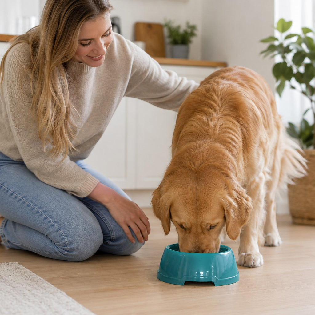 Tap2Own teal pet food and water bowl with a golden retriever eating from it. A woman kneels beside the dog.