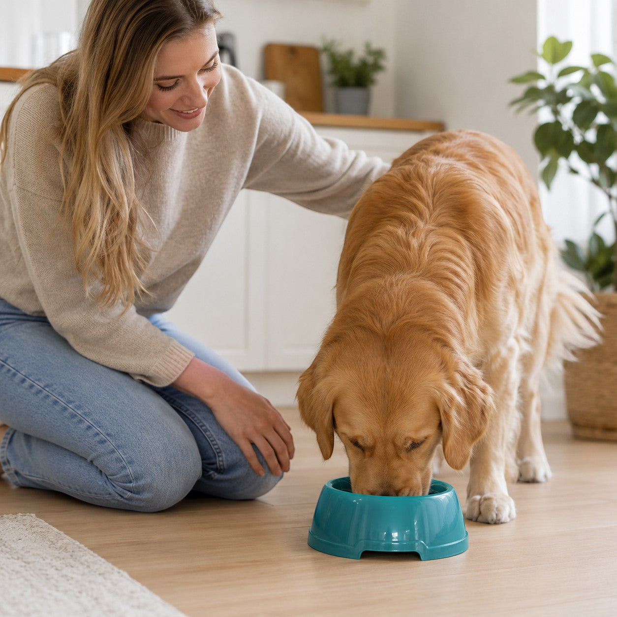 Tap2Own teal pet food and water bowl with a golden retriever eating from it. A woman kneels beside the dog.