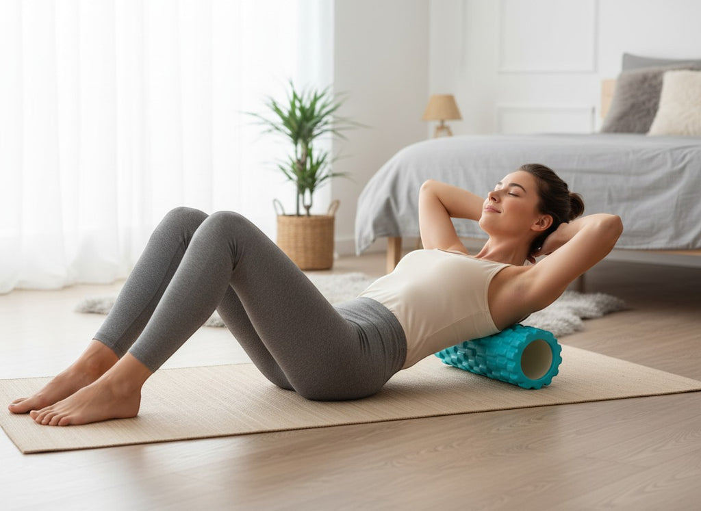Tap2Own turquoise textured foam massage roller with grid pattern, used by a woman for back release in a bedroom.