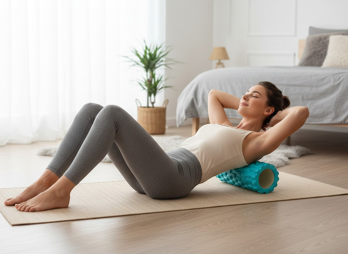 Tap2Own turquoise textured foam massage roller with grid pattern, used by a woman for back release in a bedroom.