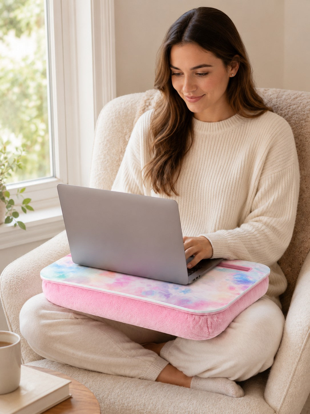 Woman using a Tap2Own tie-dye laptop desk cushion with a pink plush base and device slot while sitting in a chair.