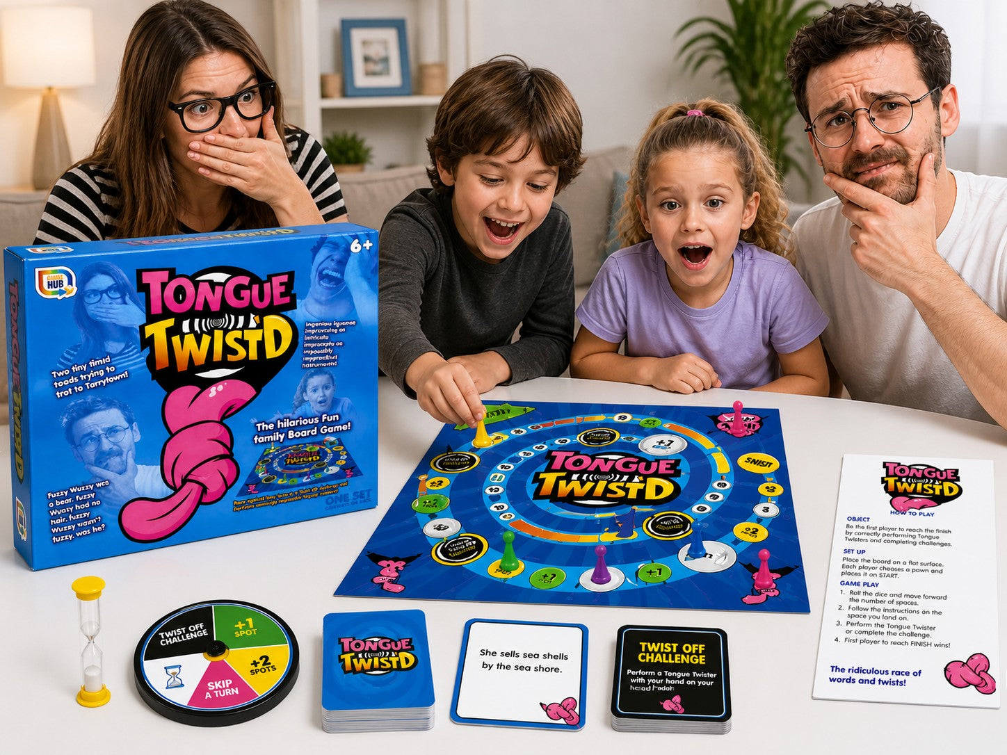 Tap2Own Tongue Twister Family Board Game, featuring a family playing the game with surprised expressions. Includes game board, cards, spinner, and hourglass.