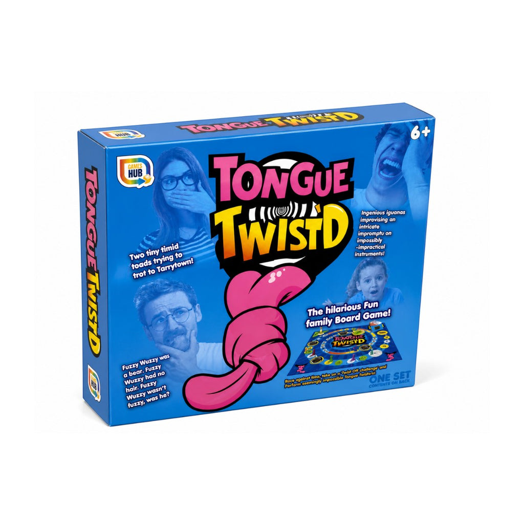 Tap2Own Tongue Twister Family Board Game box, featuring a large pink tongue and images of people struggling to speak.