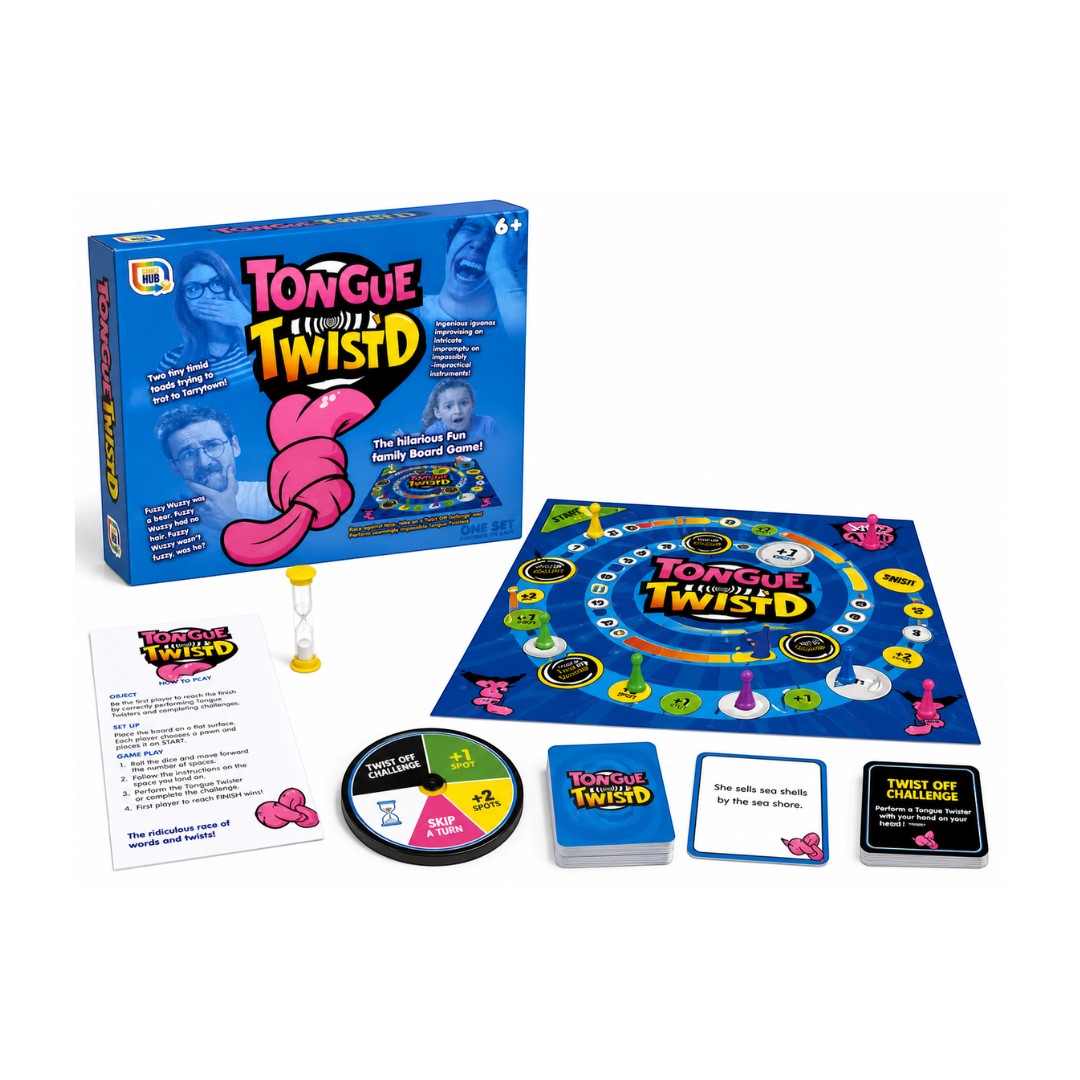 Tap2Own Tongue Twister family board game box and components, featuring a blue board with colourful spaces, pink and green player tokens, a timer, cards, and a spinner.