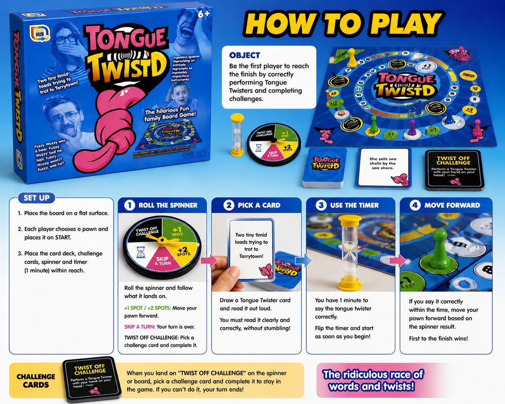 Tap2Own Tongue Twister Family Board Game, featuring a colourful game board, spinner, timer, pawns, and cards with fun challenges and tongue twisters.