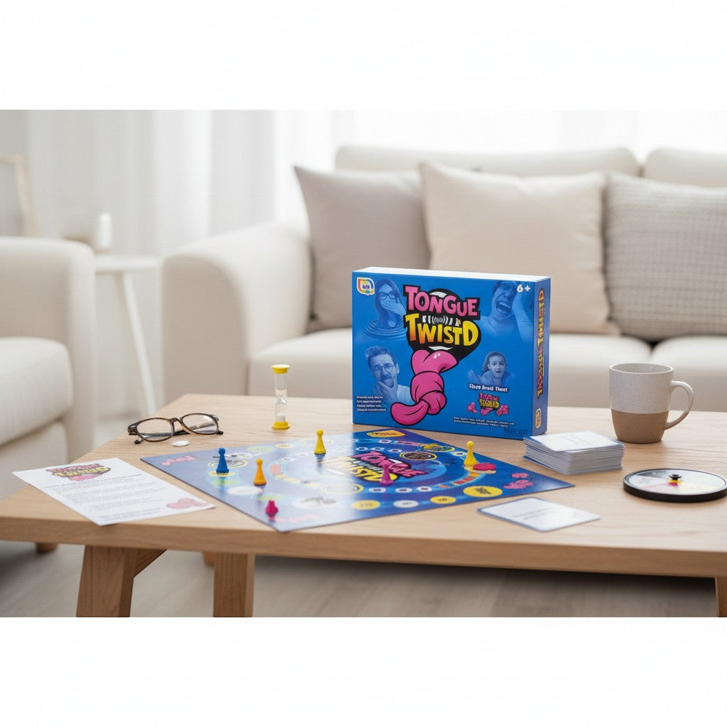 Tap2Own Tongue Twister Family Board Game, featuring a colorful game board, cards, hourglass timer, and pawns on a wooden table in a living room setting.