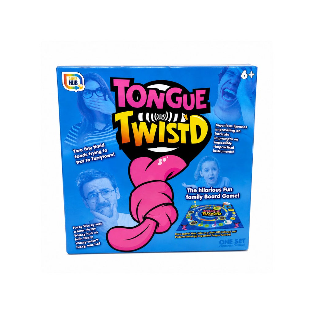 Tap2Own Tongue Twister Family Board Game box art featuring cartoonish illustrations of people struggling to speak, a large pink tongue, and game details. Ages 6+.