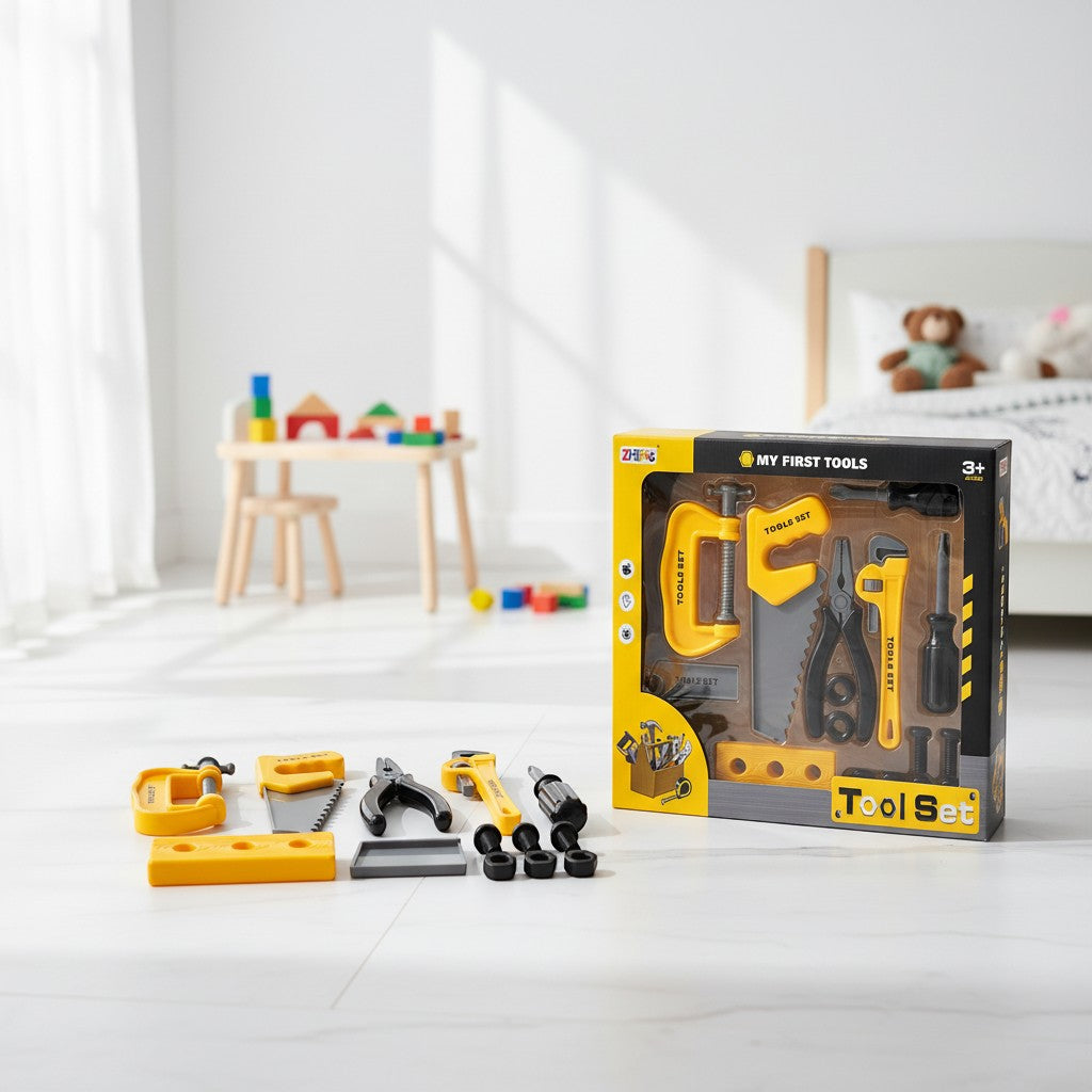 Tap2Own My First Toy Tool Set for kids, featuring yellow and grey plastic tools like a clamp, saw, pliers, wrench, and screwdriver.