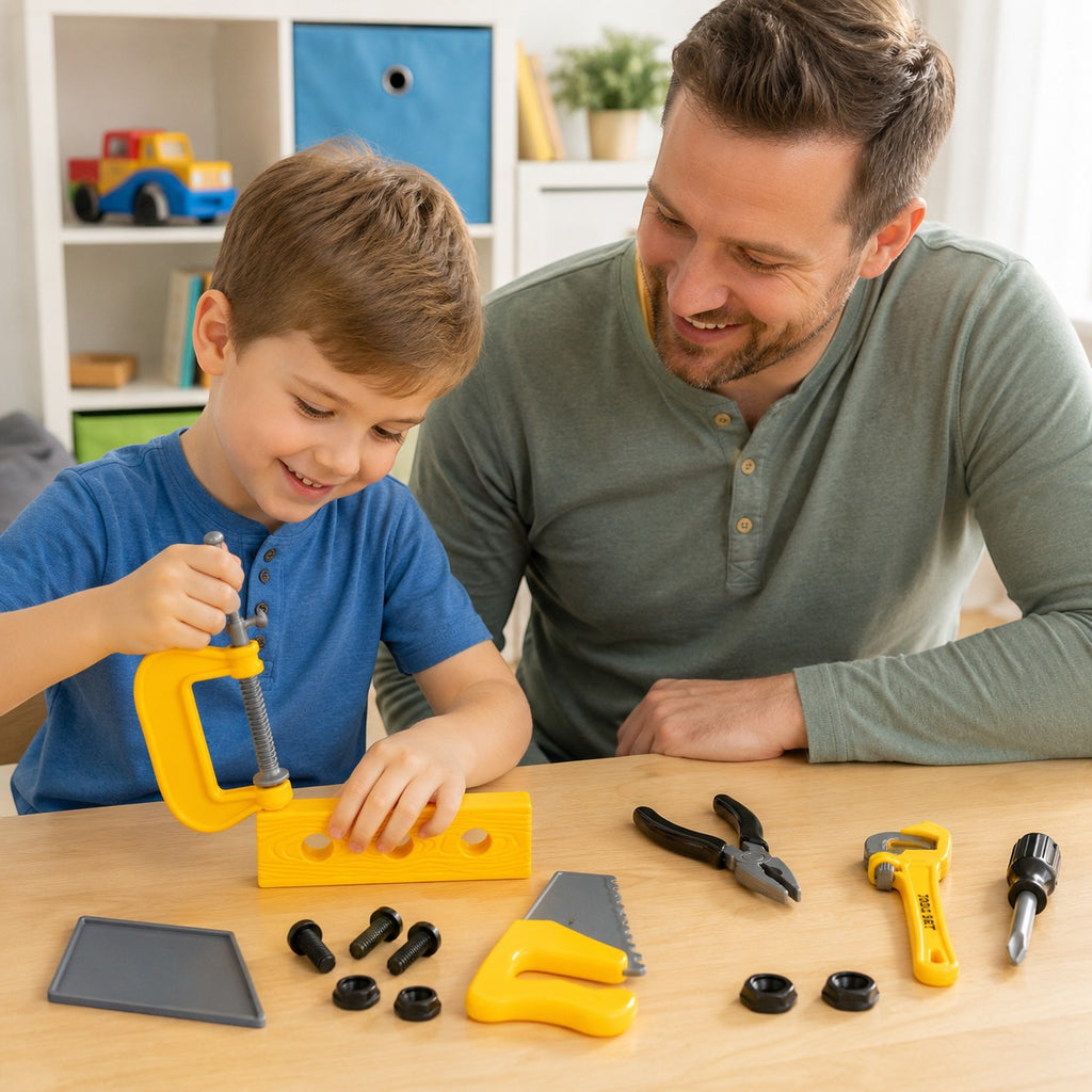 Tap2Own yellow and grey toy tool set with clamp, saw, pliers, wrench, screwdriver, bolts, and nuts for kids.