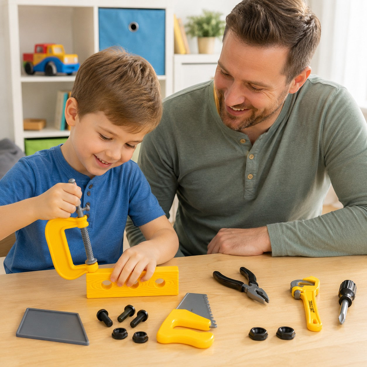 Tap2Own yellow and grey toy tool set with clamp, saw, pliers, wrench, screwdriver, bolts, and nuts for kids.