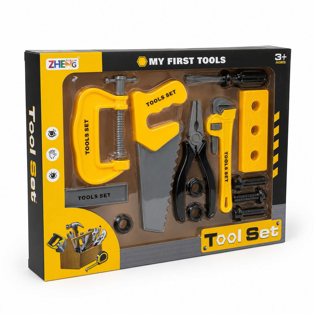 Tap2Own My First Toy Tool Set for kids, featuring yellow and grey plastic tools like a clamp, saw, pliers, wrench, and screwdriver with bolts and nuts.