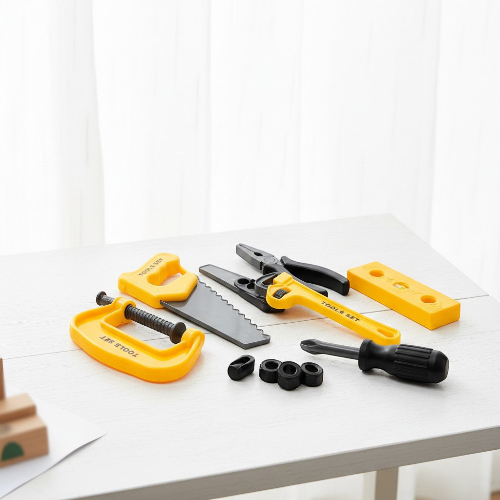 Tap2Own yellow and grey toy tool set for kids, including a clamp, saw, pliers, wrench, screwdriver, and bolts.