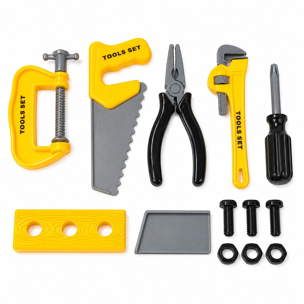 Tap2Own yellow and grey toy tool set for kids, includes clamp, saw, pliers, wrench, screwdriver, bolts, nuts, and building block.