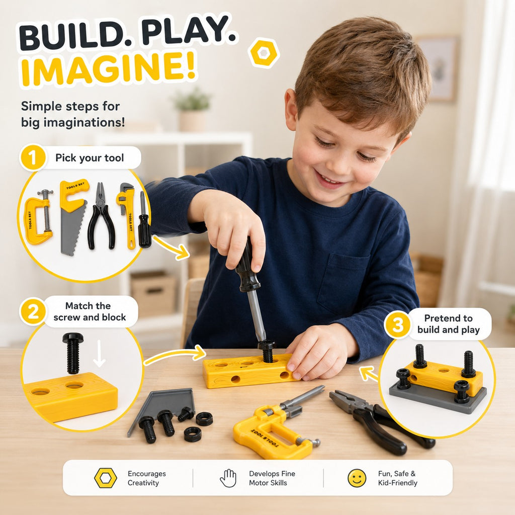 Tap2Own yellow and grey toy tool set for kids, featuring a boy using a screwdriver on a building block.