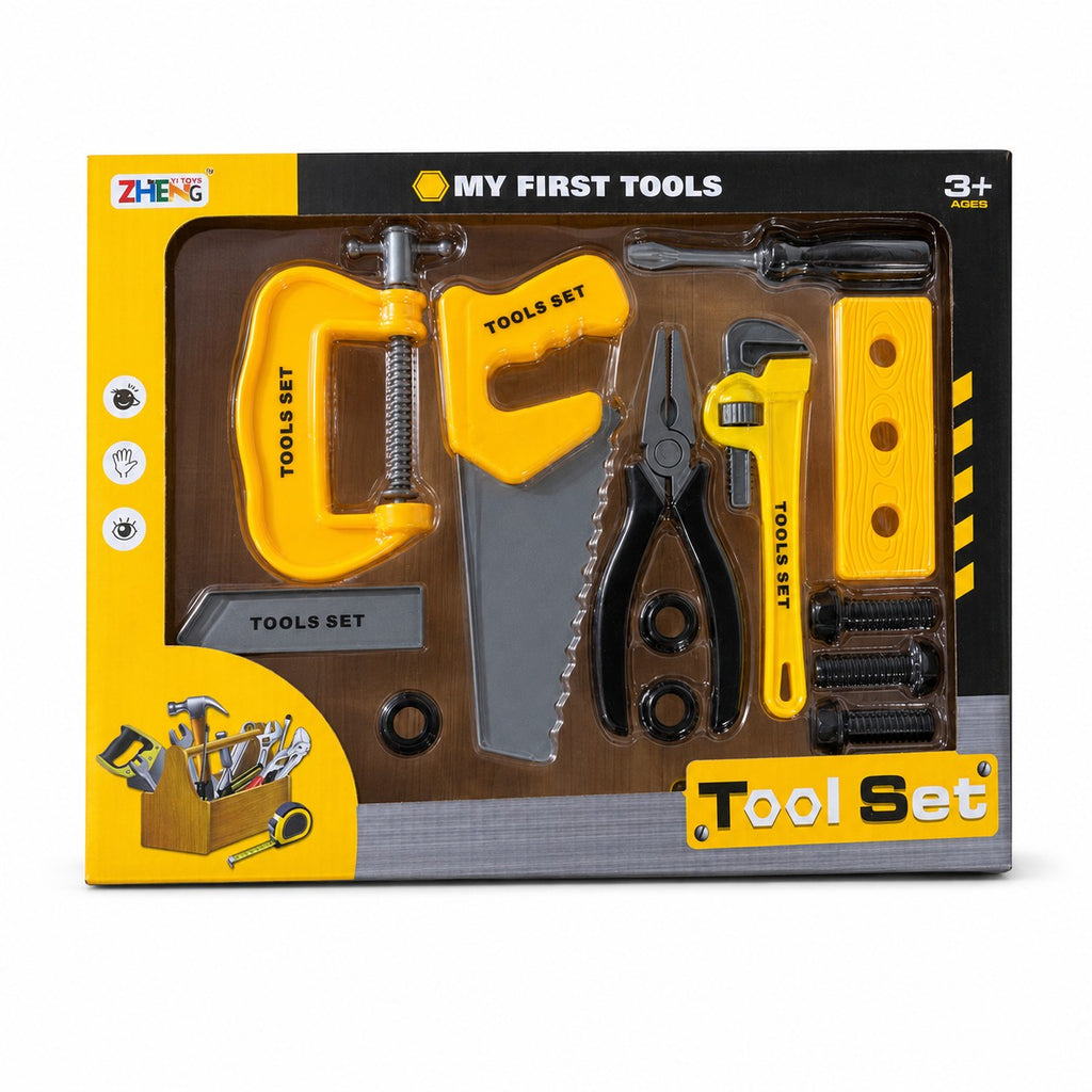 Tap2Own My First Toy Tool Set: yellow and grey plastic tools including clamp, saw, pliers, wrench, screwdriver, bolts, and building block.