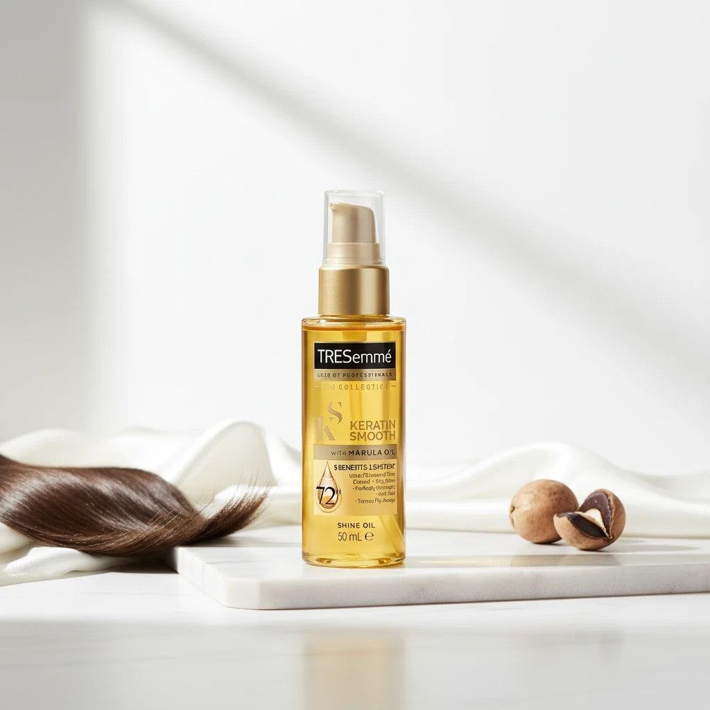 Tap2Own TRESemmé Keratin Smooth Shine Oil with Marula oil for frizz control and silky hair on a marble surface