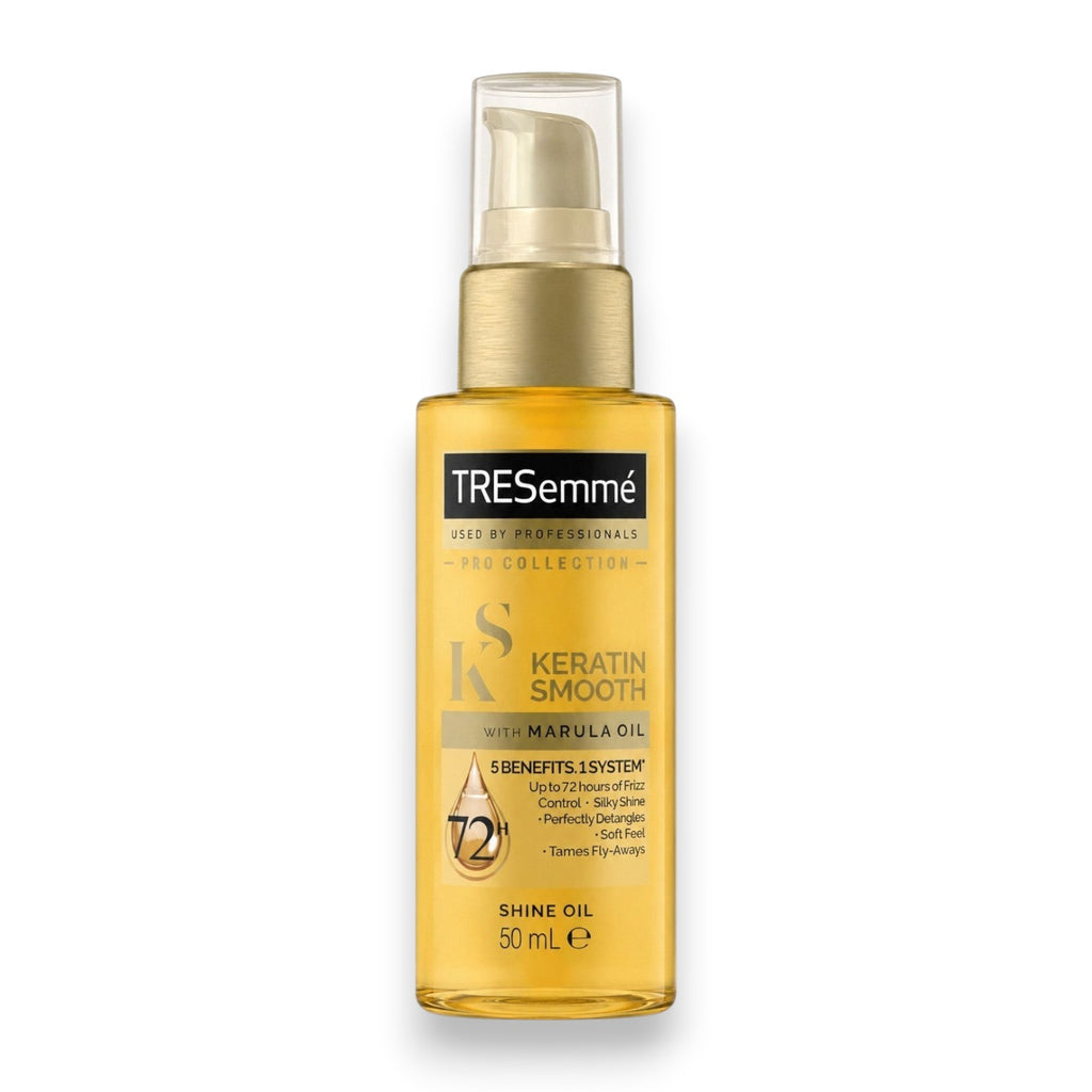 Tap2Own TRESemmé Keratin Smooth Shine Oil with Marula oil in a 50ml bottle for frizz control and silky hair.