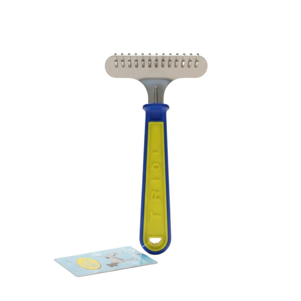 Tap2Own Triol Pet Grooming Rake with stainless steel teeth and blue/yellow ergonomic handle for dogs