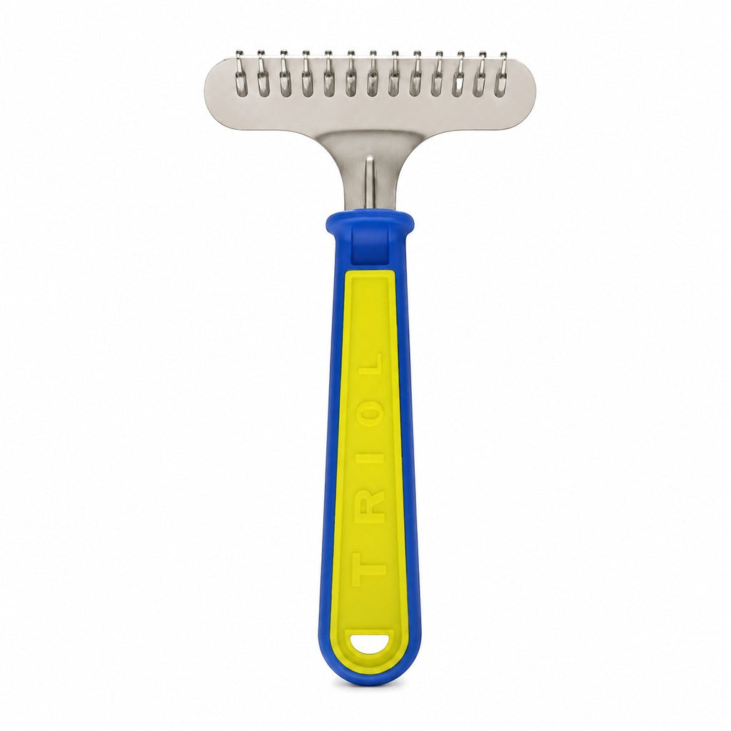Tap2Own Triol Pet Grooming Rake with stainless steel teeth and blue/yellow ergonomic handle for dogs