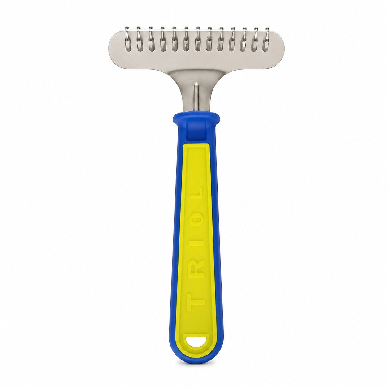 Tap2Own Triol Pet Grooming Rake with stainless steel teeth and blue/yellow ergonomic handle for dogs