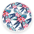 Tap2Own round beach towel with pink hibiscus flowers and blue palm leaves on white, fringed edge.