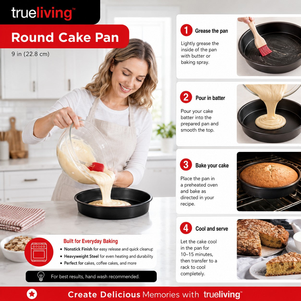 Tap2Own Trueliving 9-inch round cake pan made of heavy-duty steel with nonstick finish, shown with batter being poured in.