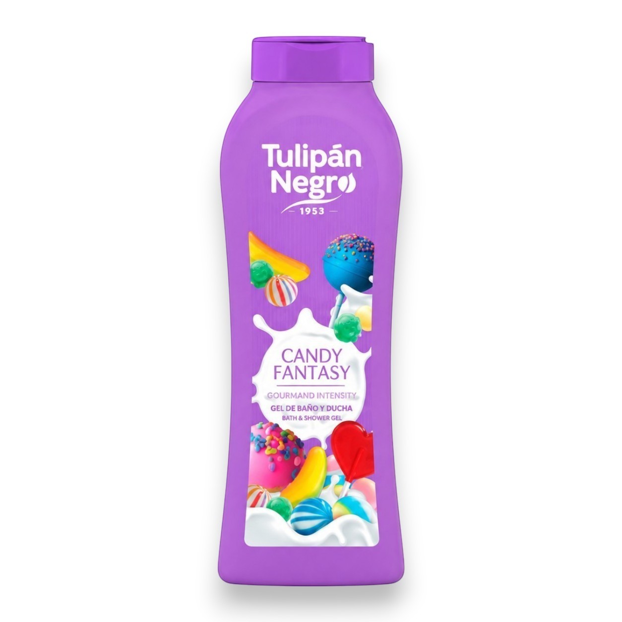 Tap2Own Tulipán Negro Candy Fantasy gourmand shower gel in a purple bottle with colorful candy graphics.