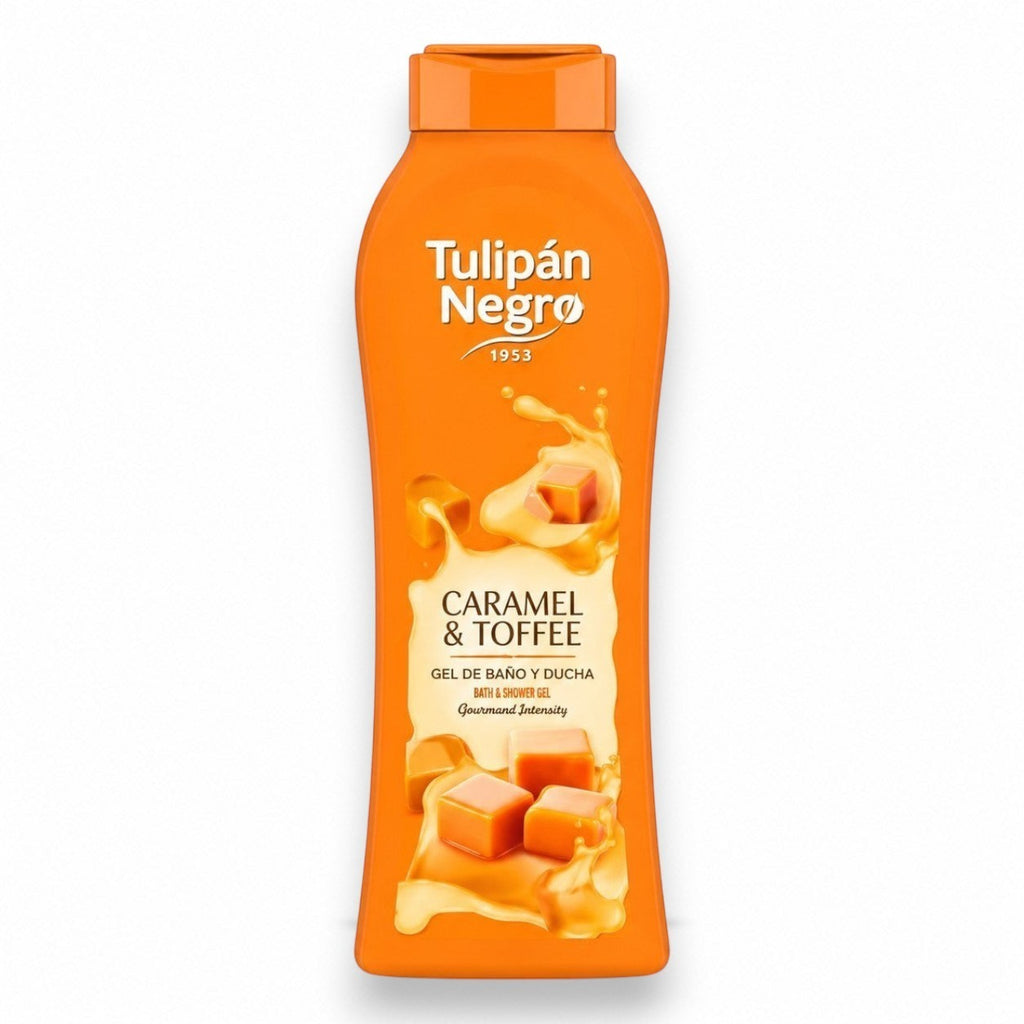 Tap2Own Tulipán Negro Caramel & Toffee Gourmand Intensity bath and shower gel in an orange bottle.
