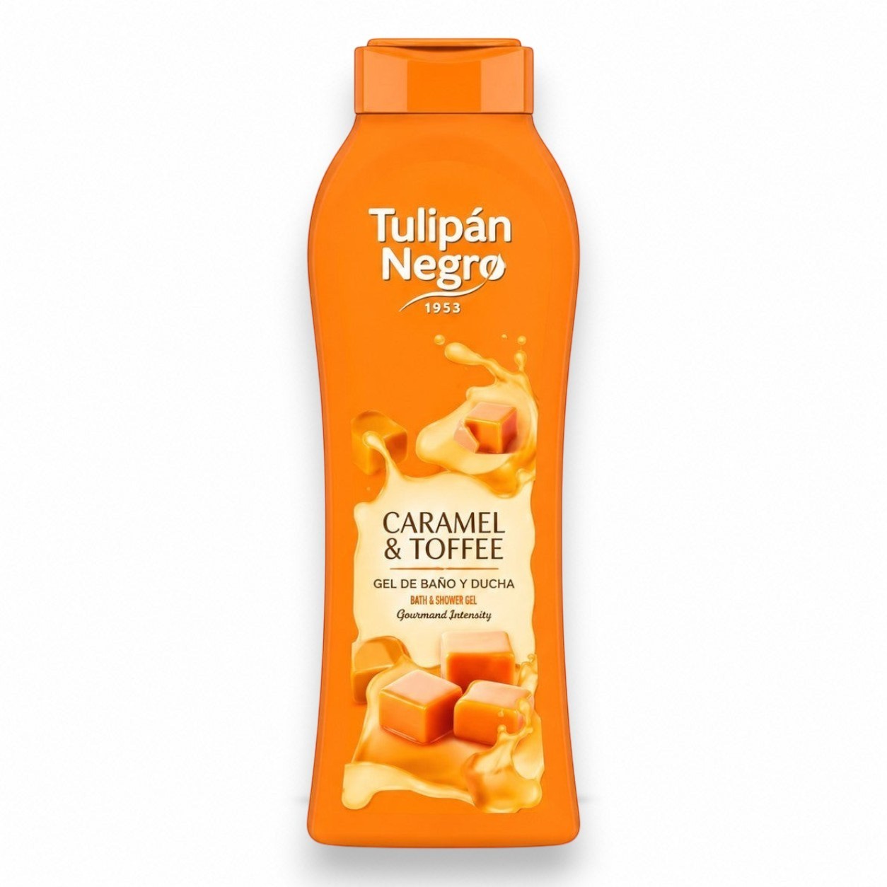 Tap2Own Tulipán Negro Caramel and Toffee bath and shower gel in an orange bottle with a creamy caramel splash design.