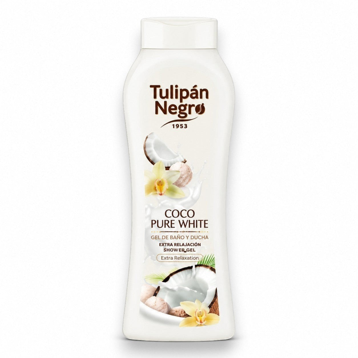Tap2Own Tulipán Negro Coco Pure White shower gel bottle with coconut and vanilla fragrance imagery