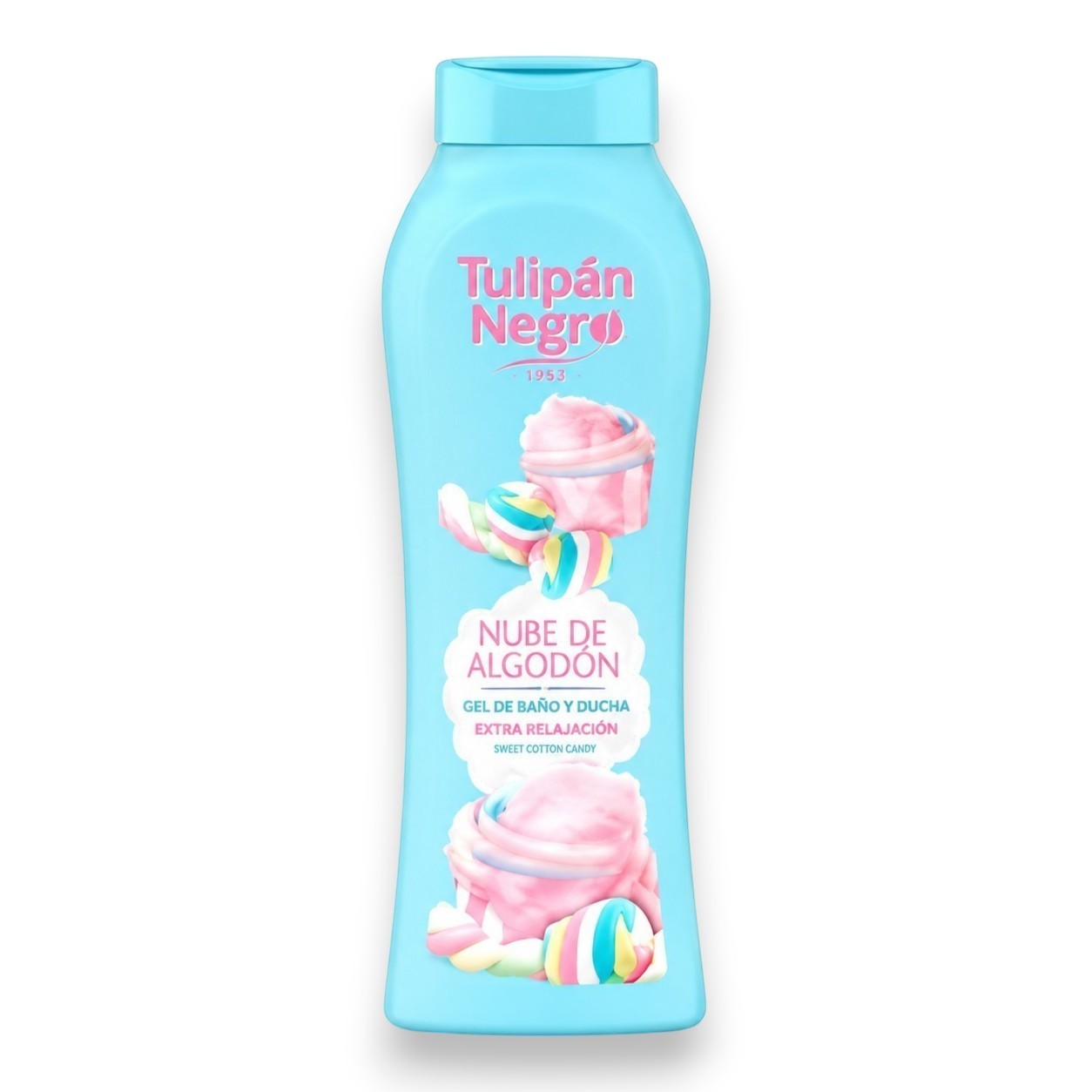 Tap2Own Tulipán Negro Sweet Cotton Candy bath and shower gel in a light blue bottle with pink cotton candy graphics.