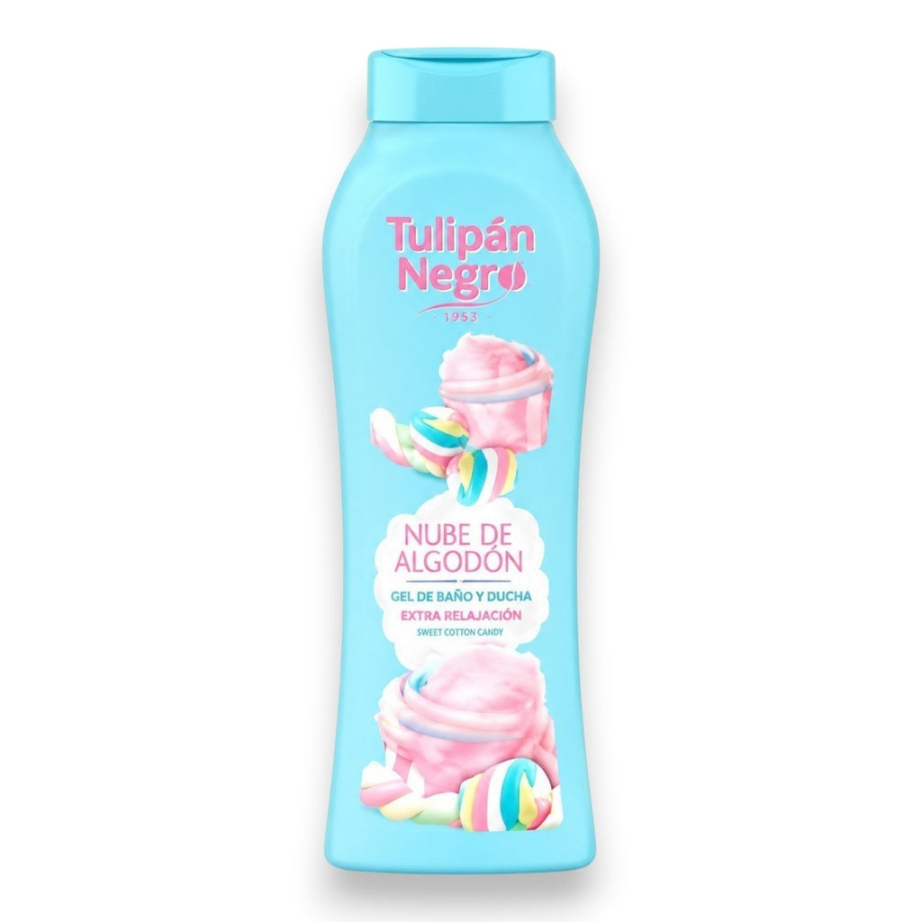 Tap2Own Tulipán Negro Sweet Cotton Candy bath and shower gel in a light blue bottle with pink marshmallow graphics.
