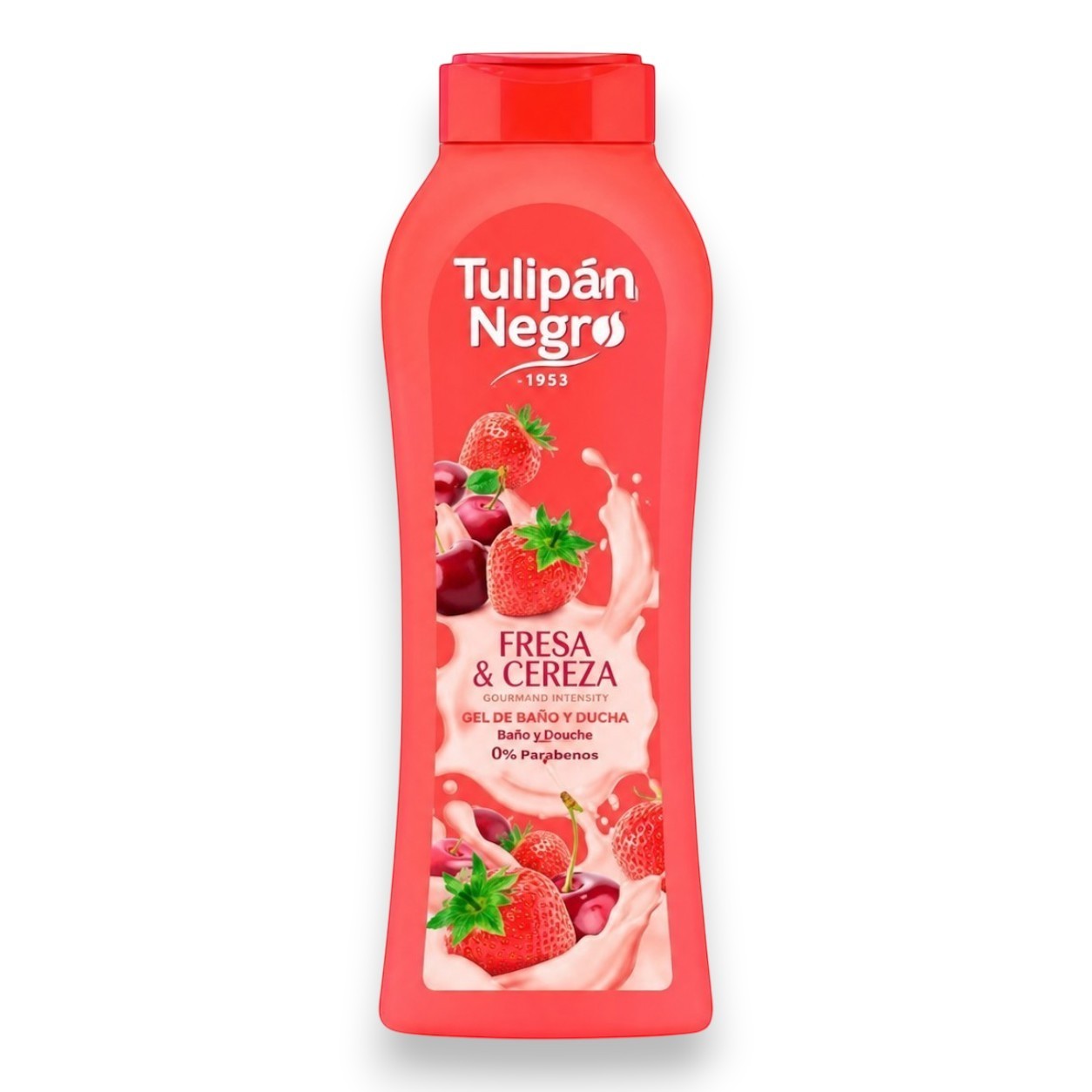 Tap2Own Tulipán Negro Fresa & Cereza shower gel bottle with strawberry and cherry graphics on a red background.