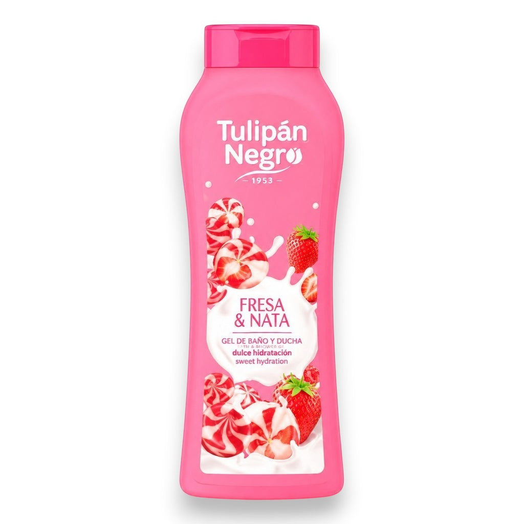 Tap2Own Tulipán Negro Fresa y Nata shower gel in a pink bottle with strawberry and cream graphics