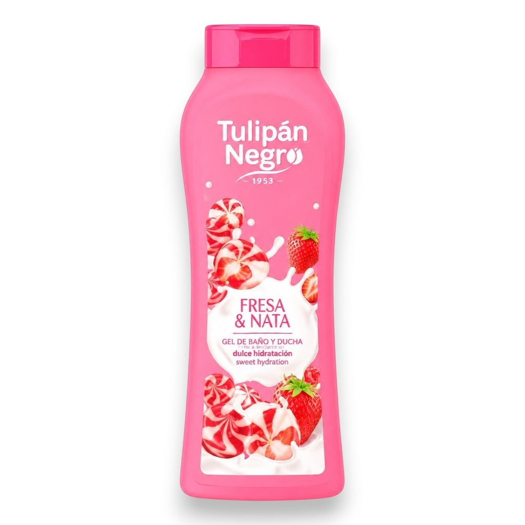 Tap2Own Tulipán Negro Fresa y Nata shower gel in a pink bottle with strawberry and cream candy graphics