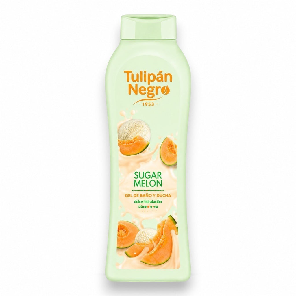 Tap2Own Tulipán Negro Sugar Melon bath and shower gel in a light green bottle with melon illustrations.