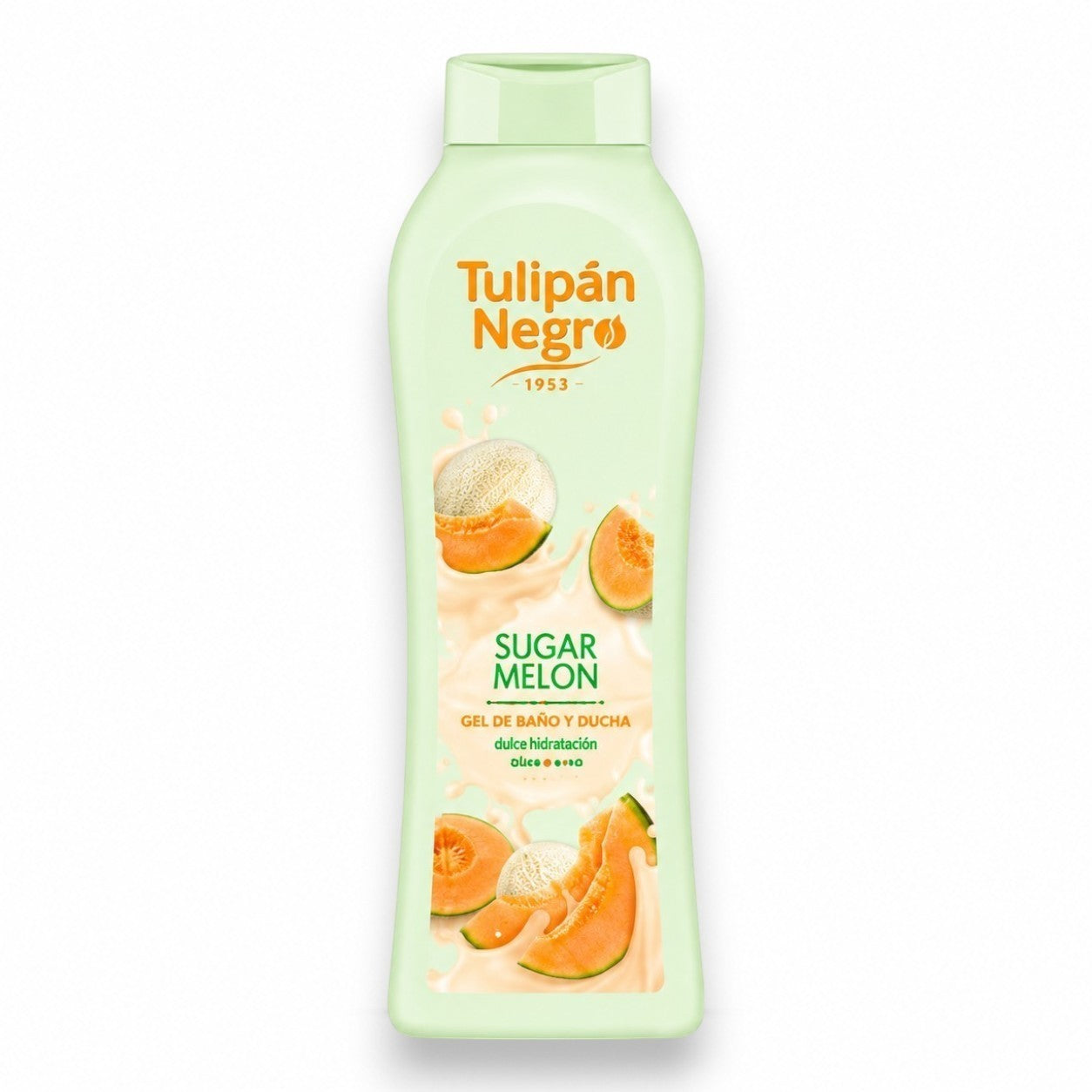 Tap2Own Tulipán Negro Sugar Melon bath and shower gel in a light green bottle with melon illustrations.