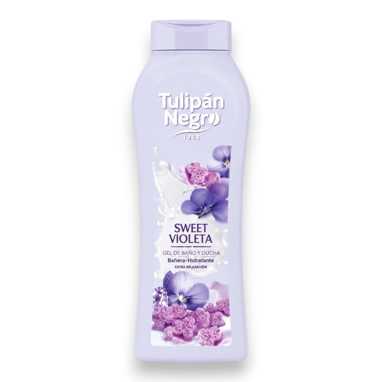 Tap2Own Tulipán Negro Sweet Violeta moisturizing bath and shower gel in a light purple bottle with floral graphics.